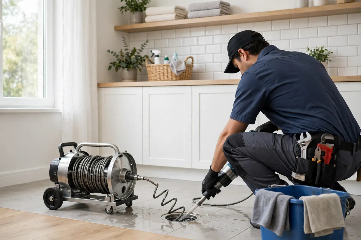 Professional drain-cleaning technician working at a residential property