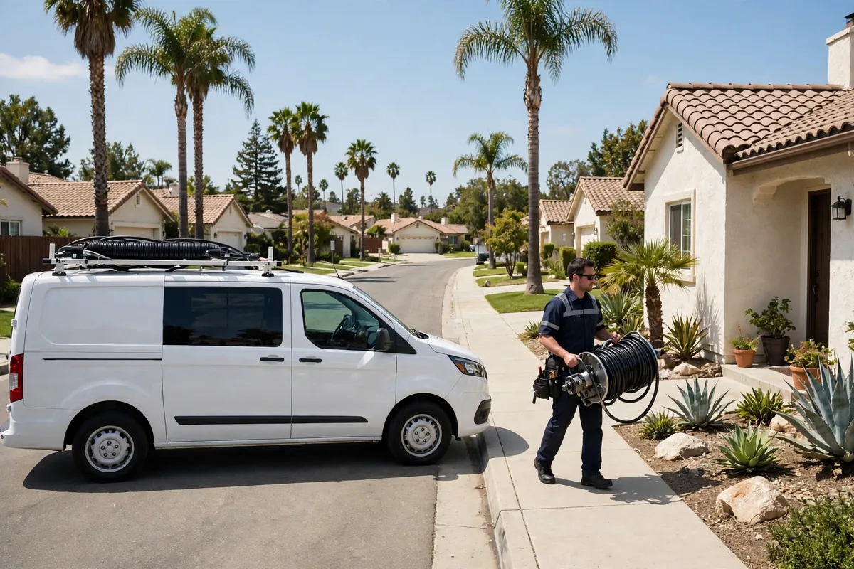 Professional drain-cleaning technician working at a residential property in Alhambra, California