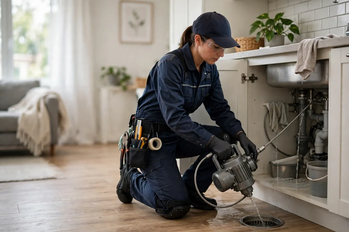 Professional drain-cleaning technician responding to an urgent drain problem at a home